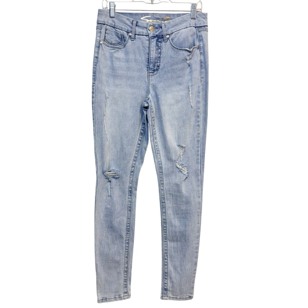 Seven7‎ Jeans Tummyless High Rise Skinny Light Wash Distressed Blue Size 8